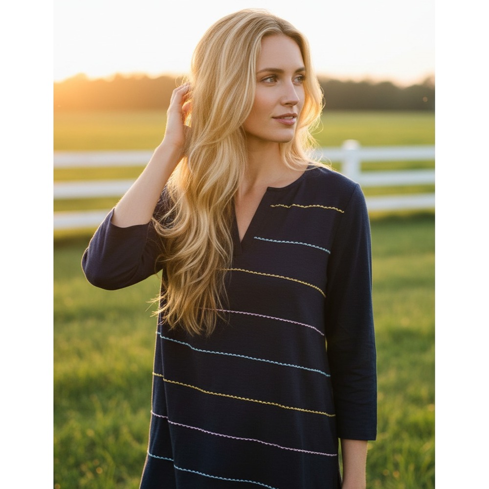 NEW Loft S Top Womens Navy Blue Embroidered‎ Stripe Tee Casual Coastal Boho Chic